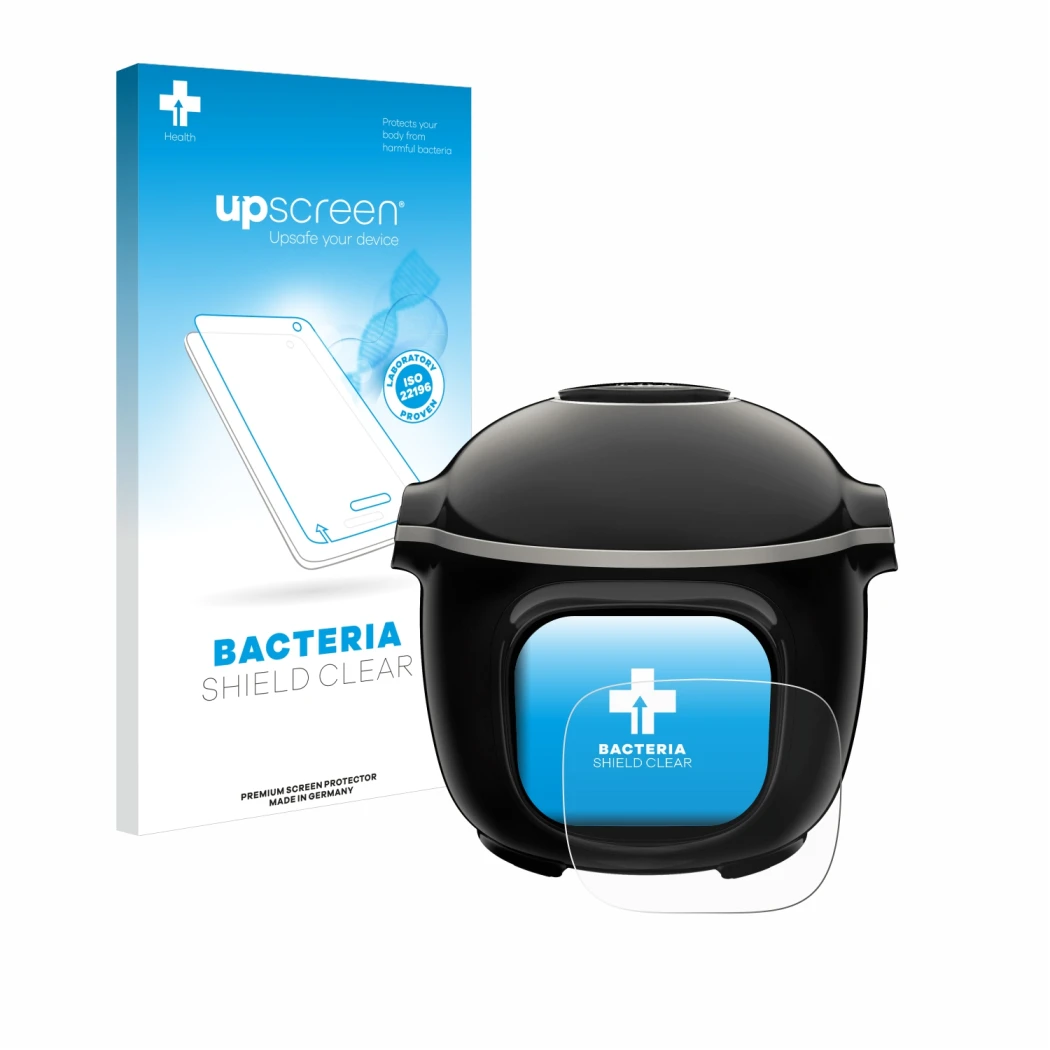 Parte frontal de un envase de producto con el logotipo de la marca upscreen. Al lado se muestra el dispositivo Moulinex Cookeo