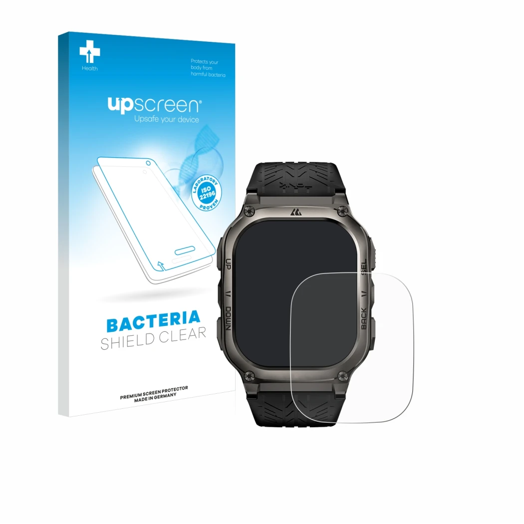 Parte frontal de un envase de producto con el logotipo de la marca upscreen. Al lado se muestra el dispositivo Kospet Tank M3