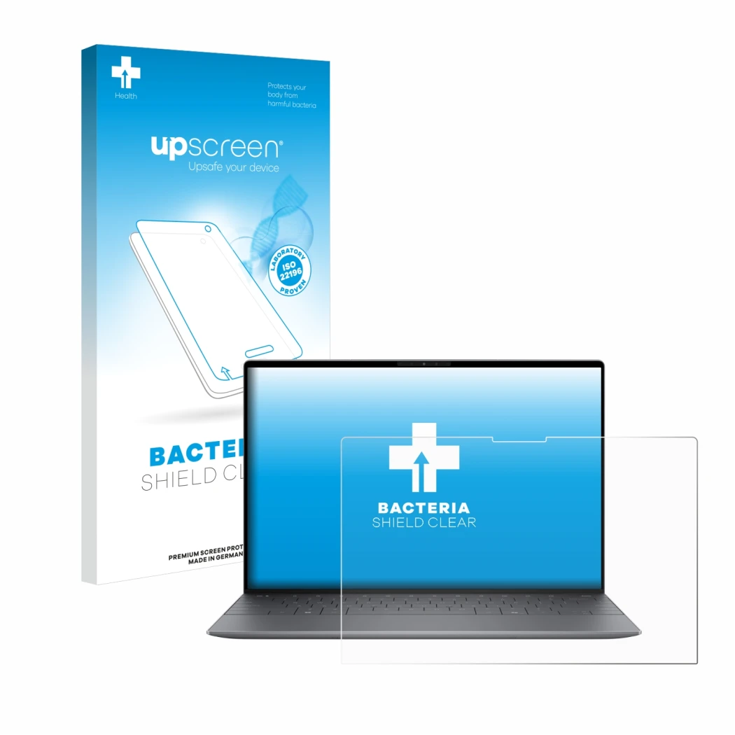 Parte frontal de un envase de producto con el logotipo de la marca upscreen. Al lado se muestra el dispositivo Dell XPS 13 934