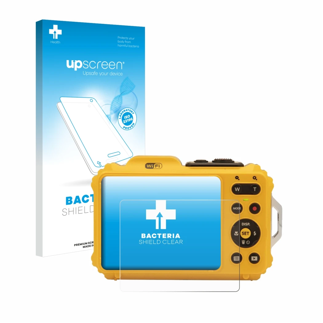 Parte frontal de un envase de producto con el logotipo de la marca upscreen. Al lado se muestra el dispositivo Kodak Pixpro WP