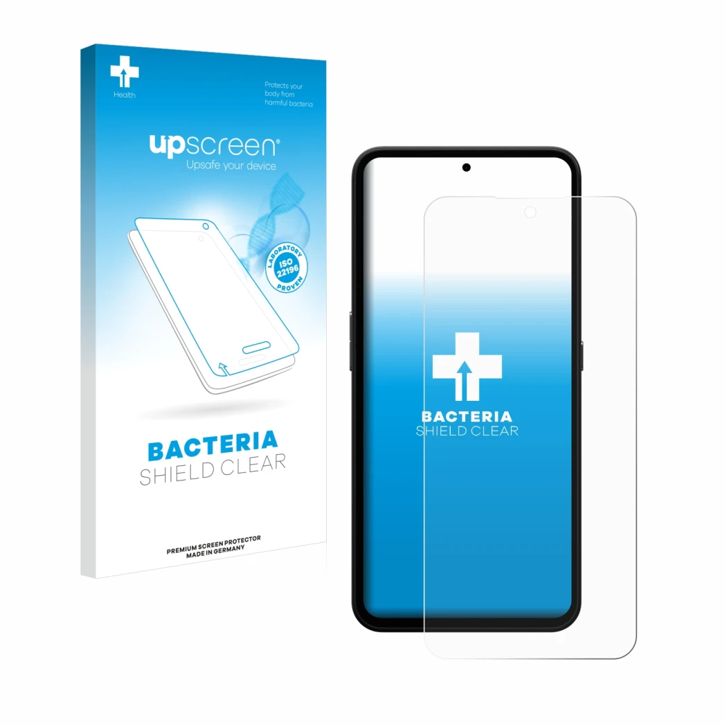 Parte frontal de un envase de producto con el logotipo de la marca upscreen. Al lado se muestra el dispositivo Nothing CMF Pho