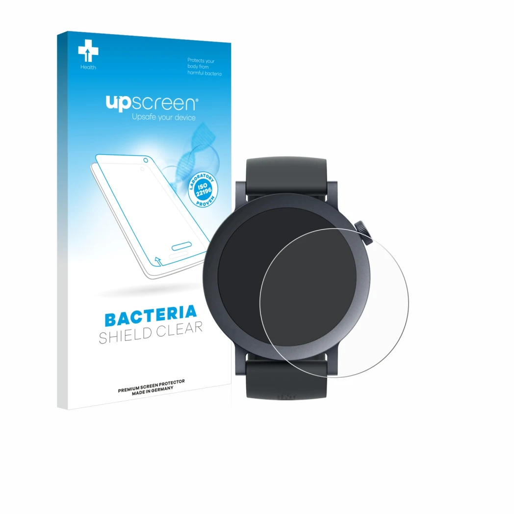 Parte frontal de un envase de producto con el logotipo de la marca upscreen. Al lado se muestra el dispositivo Nothing CMF Wat