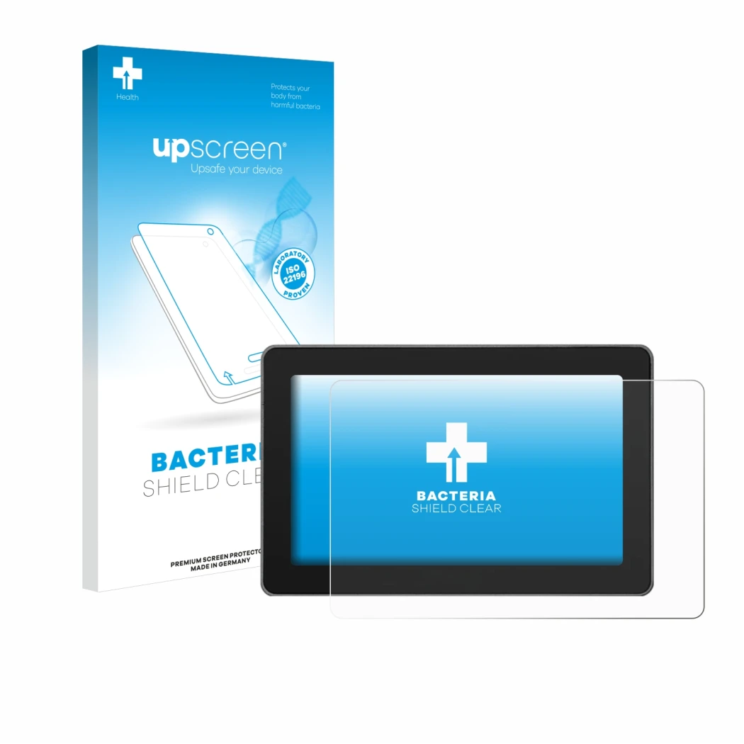 Parte frontal de un envase de producto con el logotipo de la marca upscreen. Al lado se muestra el dispositivo SmallHD Indie 5
