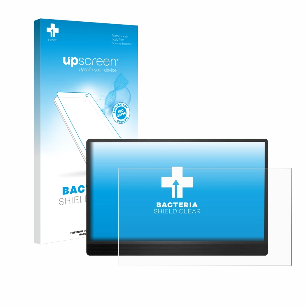 Parte frontal de un envase de producto con el logotipo de la marca upscreen. Al lado se muestra el dispositivo MSI Pro MP161 E