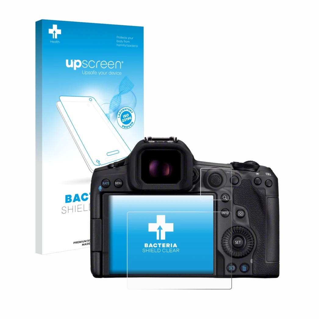 Parte frontal de un envase de producto con el logotipo de la marca upscreen. Al lado se muestra el dispositivo Canon EOS R5 Ma