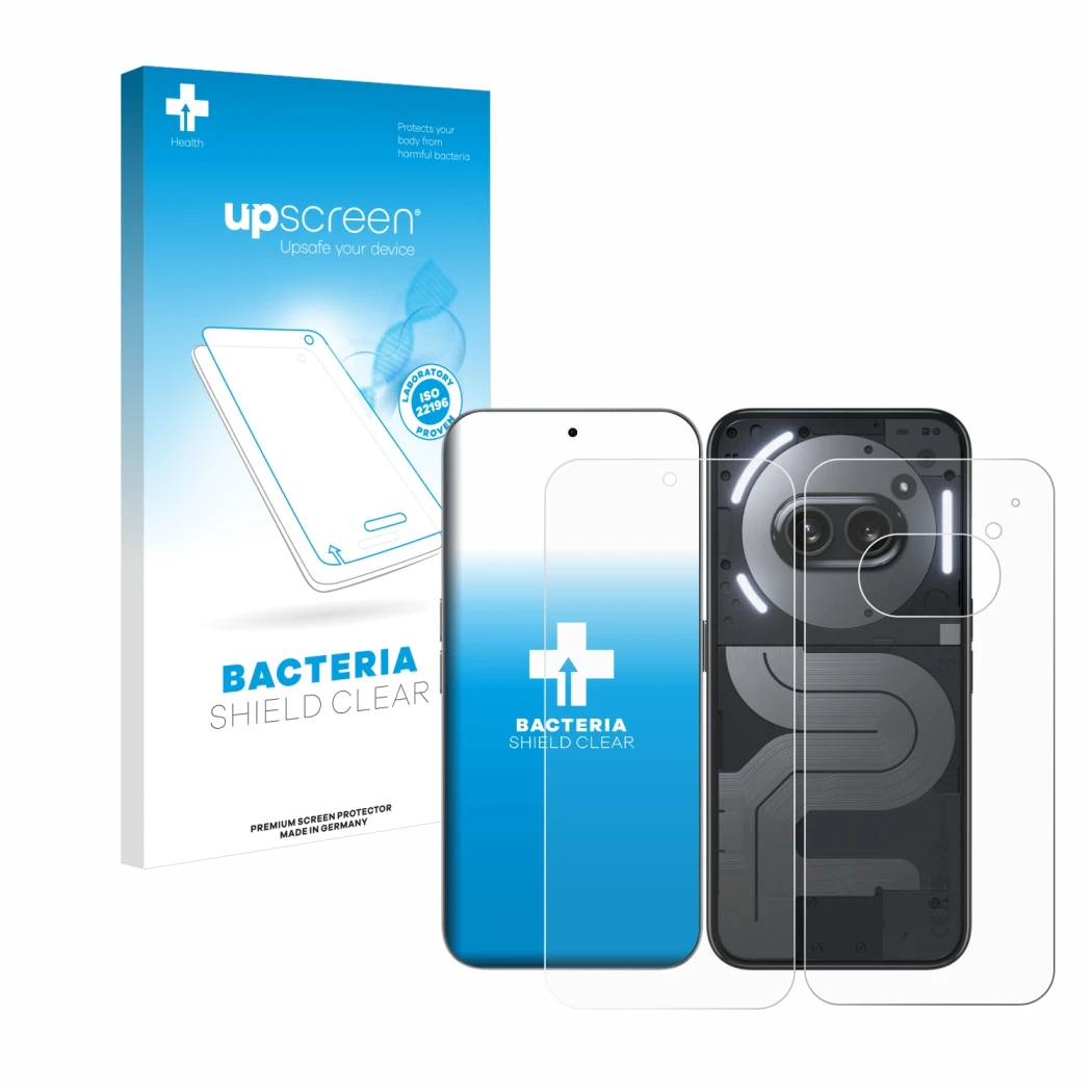 Parte frontal de un envase de producto con el logotipo de la marca upscreen. Al lado se muestra el dispositivo Nothing Phone (