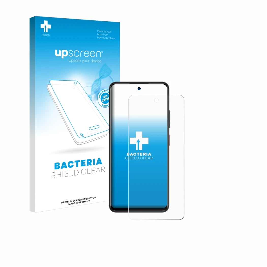 Parte frontal de un envase de producto con el logotipo de la marca upscreen. Al lado se muestra el dispositivo ZTE Blade A75 5