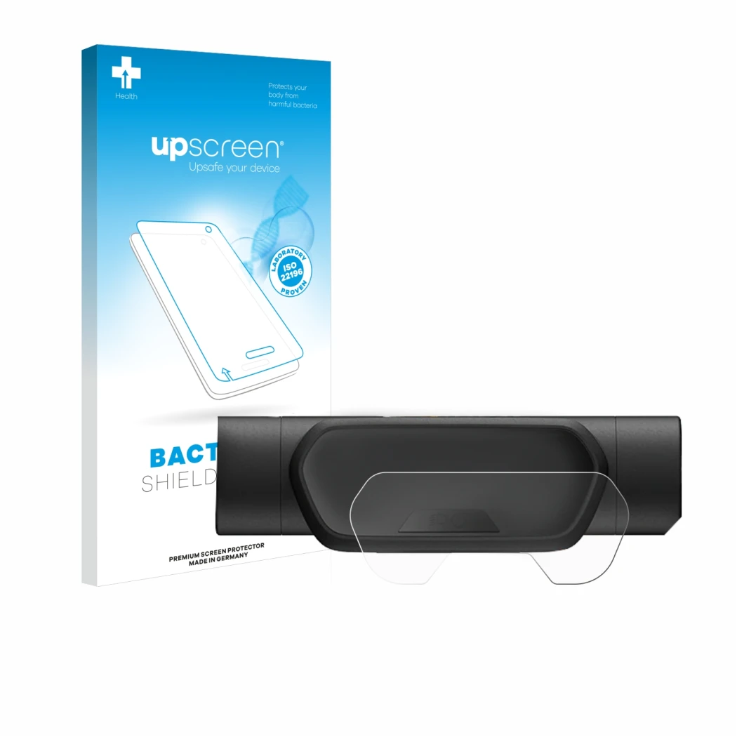 Parte frontal de un envase de producto con el logotipo de la marca upscreen. Al lado se muestra el dispositivo Segway Ninebot