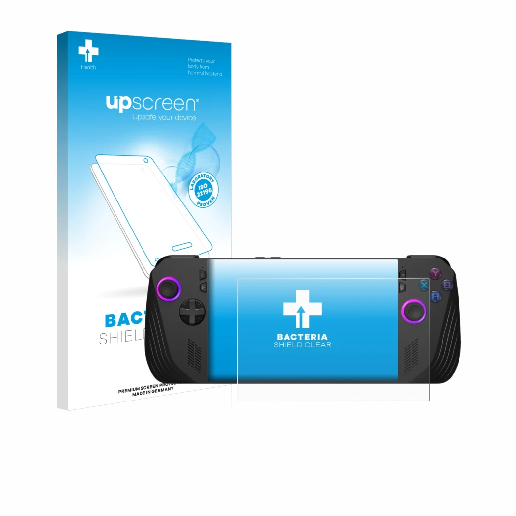 Parte frontal de un envase de producto con el logotipo de la marca upscreen. Al lado se muestra el dispositivo ASUS ROG Ally X