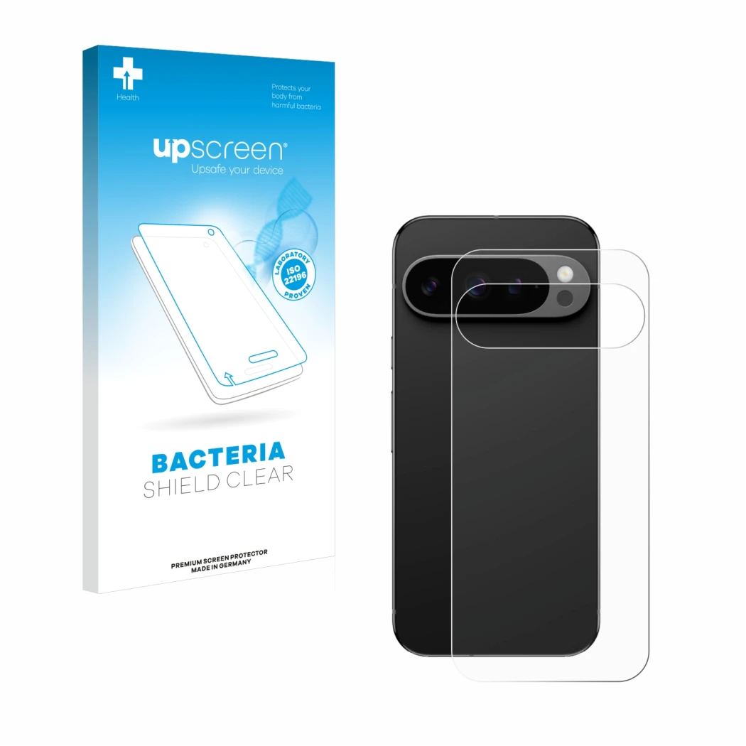 Parte frontal de un envase de producto con el logotipo de la marca upscreen. Al lado se muestra el dispositivo Google Pixel 9 