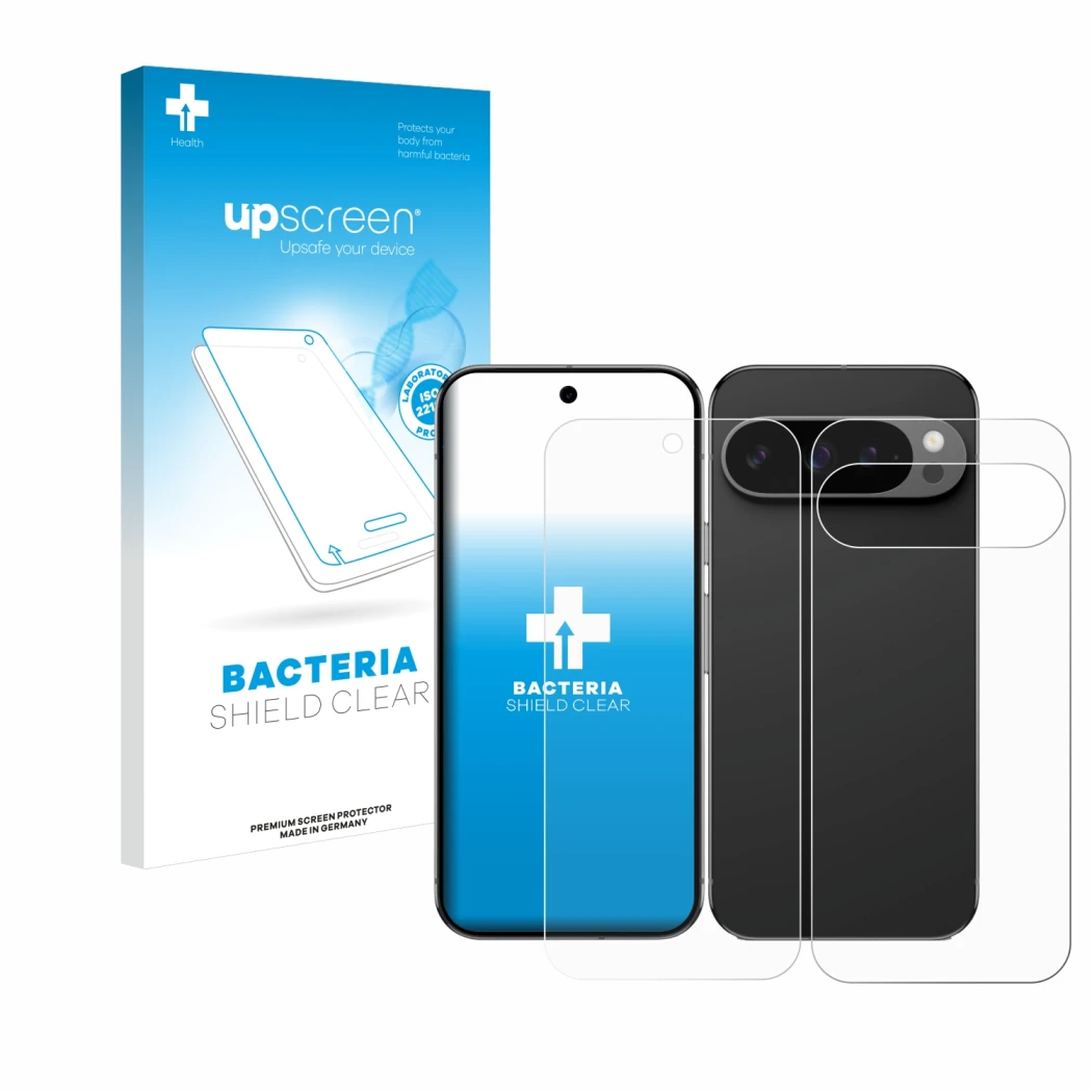 Parte frontal de un envase de producto con el logotipo de la marca upscreen. Al lado se muestra el dispositivo Google Pixel 9
