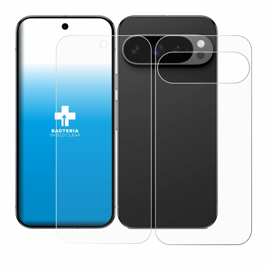 Imagen del dispositivo Google Pixel 9 Pro (Frontal+Trasero) con una amplia variedad de protectores de pantalla.