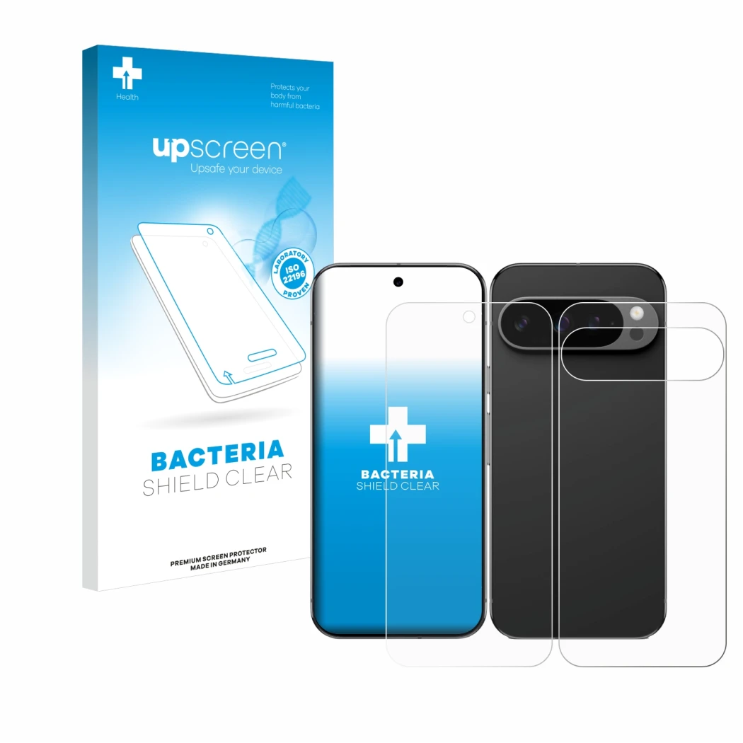 Parte frontal de un envase de producto con el logotipo de la marca upscreen. Al lado se muestra el dispositivo Google Pixel 9 