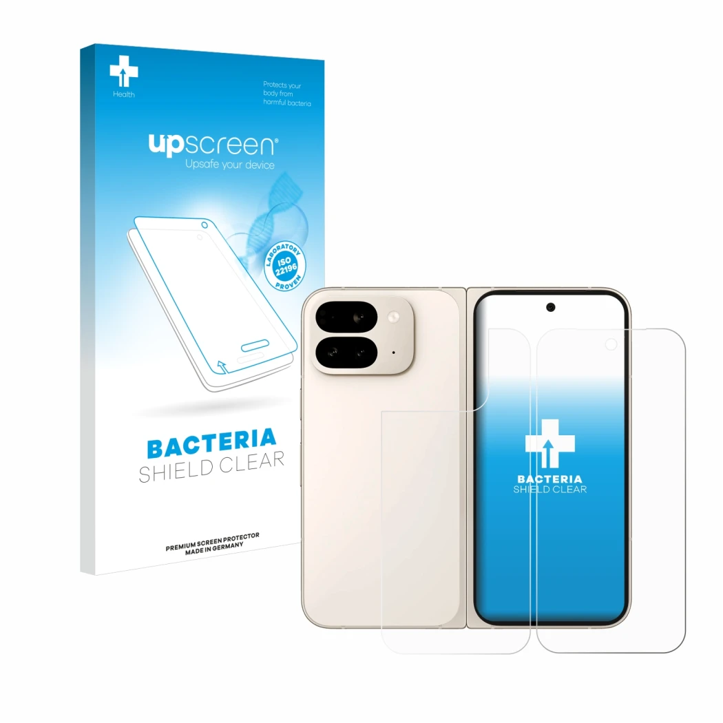 Parte frontal de un envase de producto con el logotipo de la marca upscreen. Al lado se muestra el dispositivo Google Pixel 9