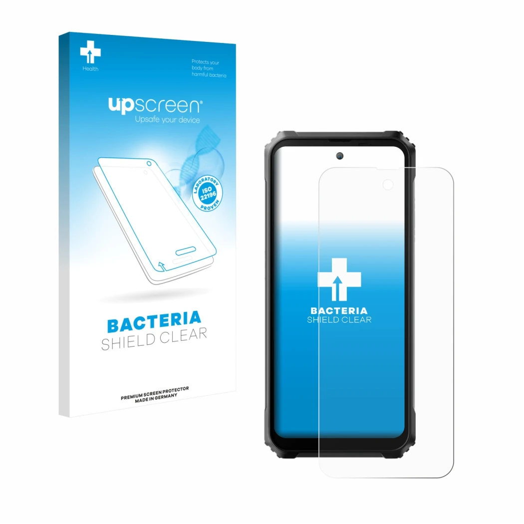 Parte frontal de un envase de producto con el logotipo de la marca upscreen. Al lado se muestra el dispositivo Blackview BL900