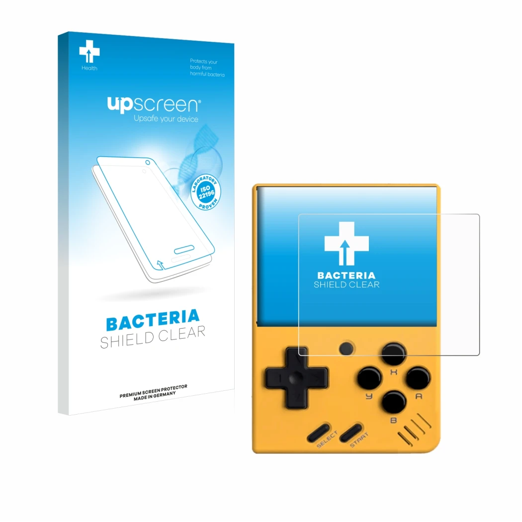 Parte frontal de un envase de producto con el logotipo de la marca upscreen. Al lado se muestra el dispositivo Miyoo Mini V4 c