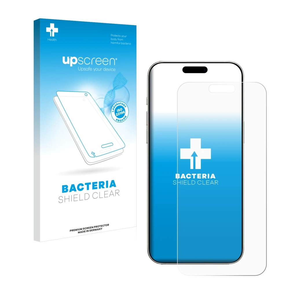 Parte frontal de un envase de producto con el logotipo de la marca upscreen. Al lado se muestra el dispositivo Apple iPhone 16