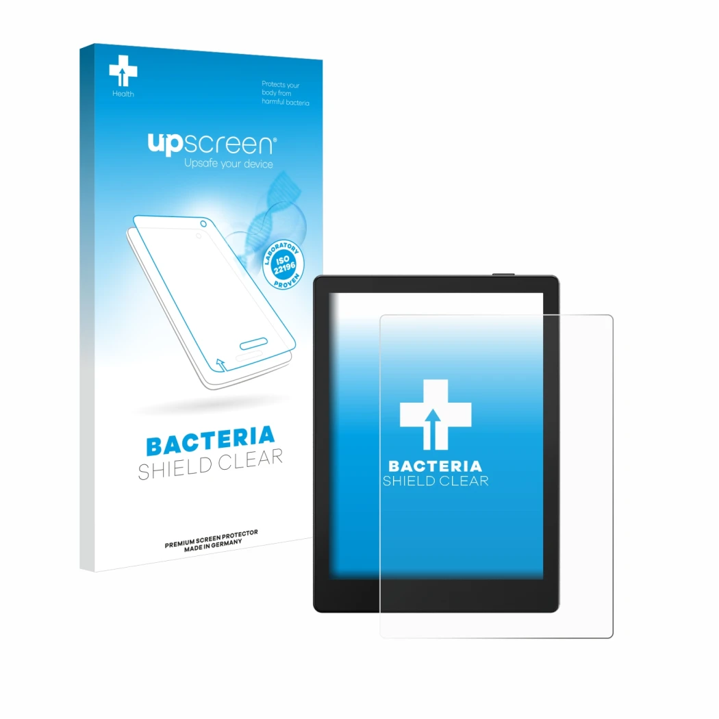 Parte frontal de un envase de producto con el logotipo de la marca upscreen. Al lado se muestra el dispositivo Boox Go 6 con s