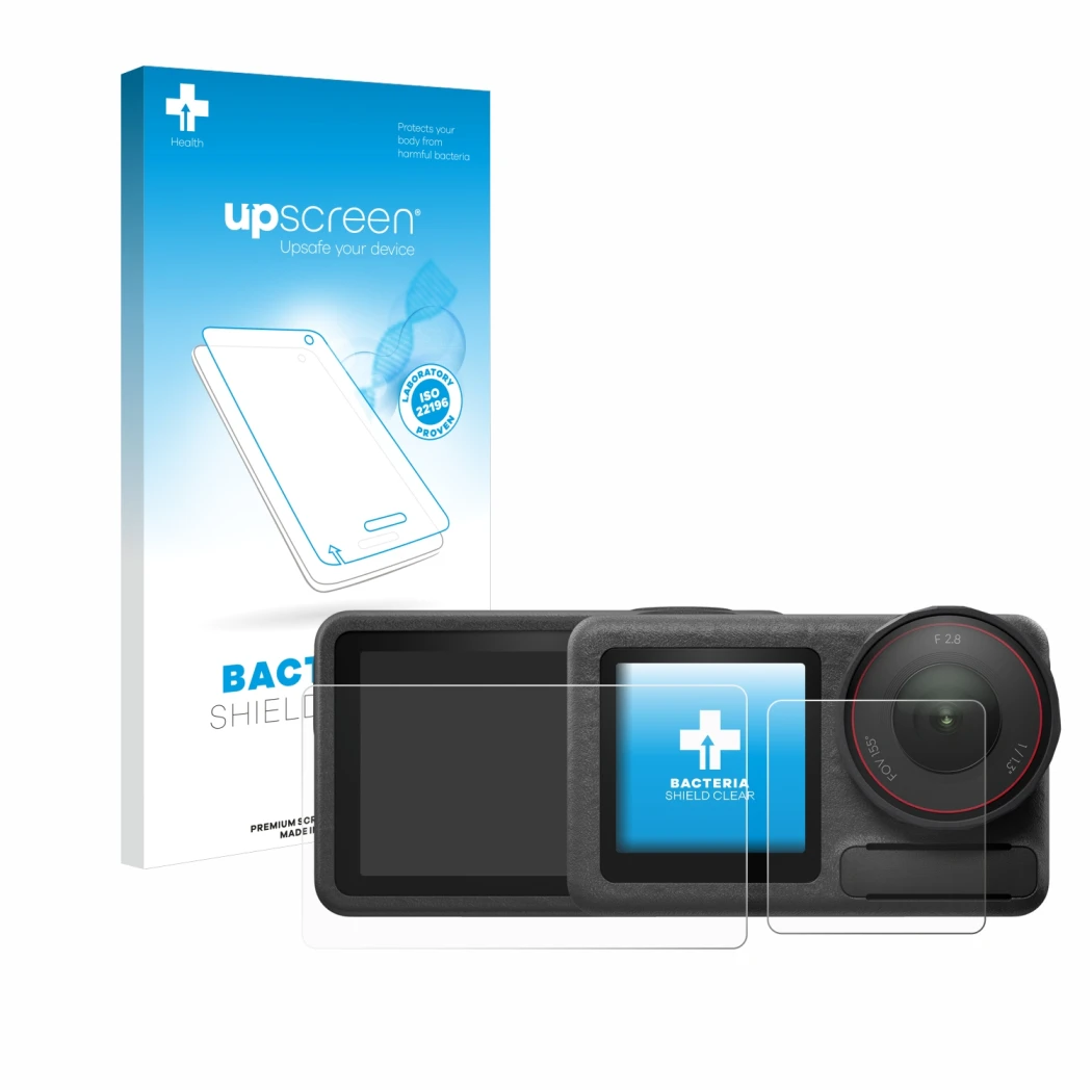 Parte frontal de un envase de producto con el logotipo de la marca upscreen. Al lado se muestra el dispositivo DJI Osmo Action
