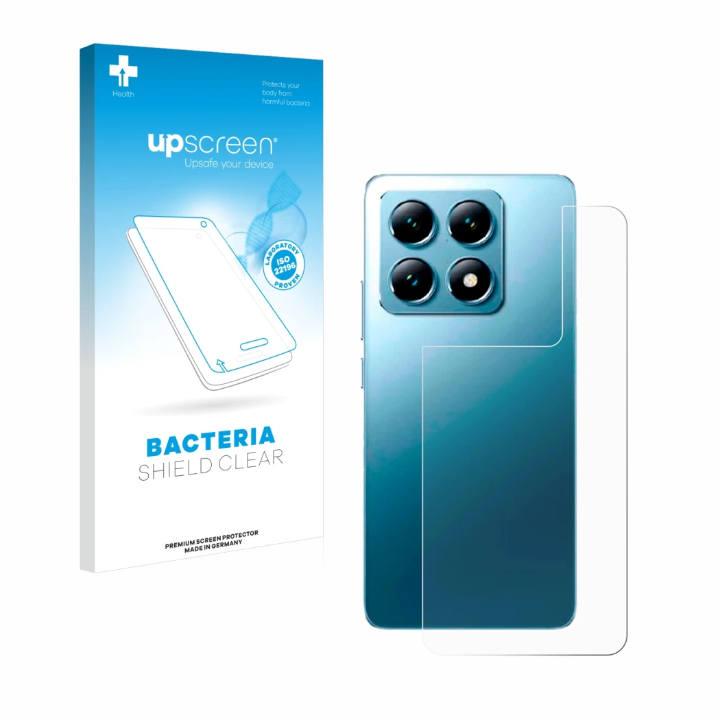 Parte frontal de un envase de producto con el logotipo de la marca upscreen. Al lado se muestra el dispositivo Xiaomi 14T (Tra