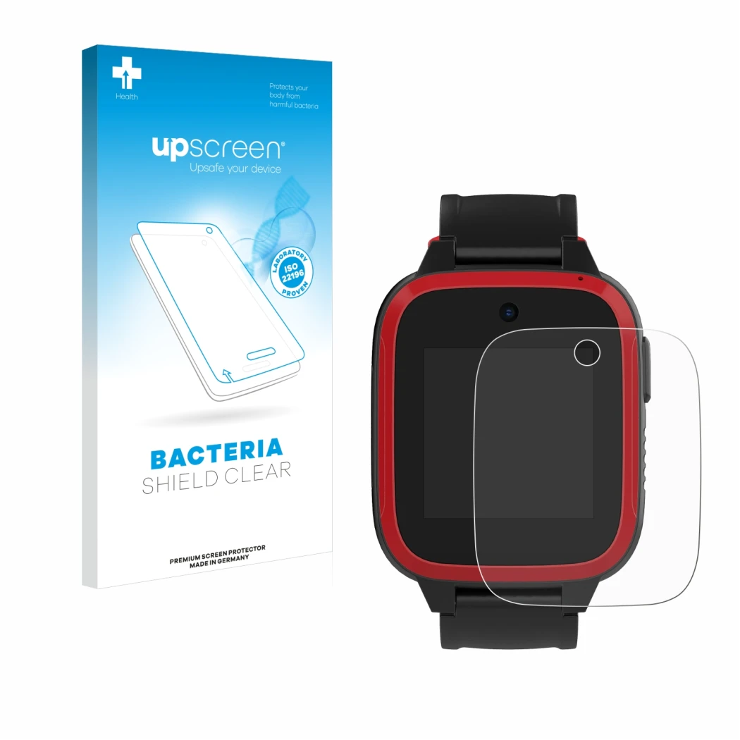 Parte frontal de un envase de producto con el logotipo de la marca upscreen. Al lado se muestra el dispositivo Xplora Let's Go