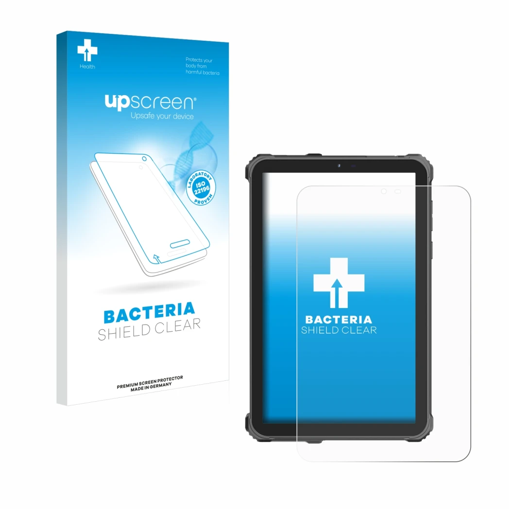 Parte frontal de un envase de producto con el logotipo de la marca upscreen. Al lado se muestra el dispositivo Oukitel RT3 Pro