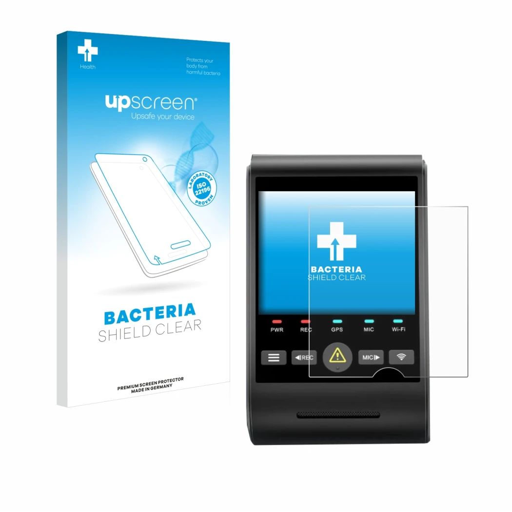 Parte frontal de un envase de producto con el logotipo de la marca upscreen. Al lado se muestra el dispositivo VIOFO A229 PRO