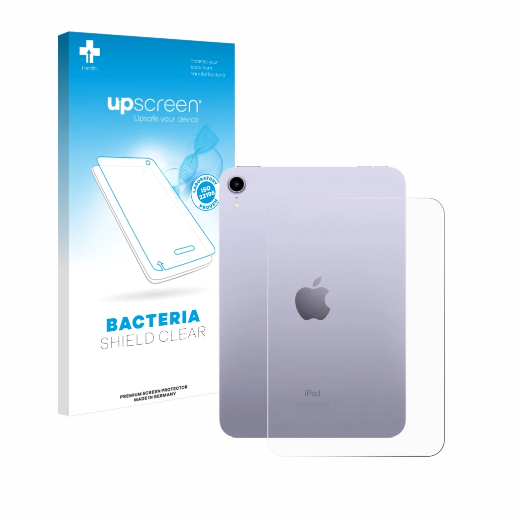 Parte frontal de un envase de producto con el logotipo de la marca upscreen. Al lado se muestra el dispositivo Apple iPad Mini