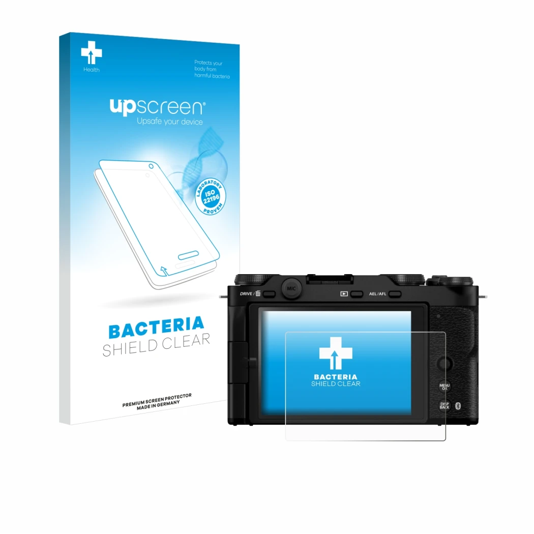 Parte frontal de un envase de producto con el logotipo de la marca upscreen. Al lado se muestra el dispositivo Fujifilm X-M5 c