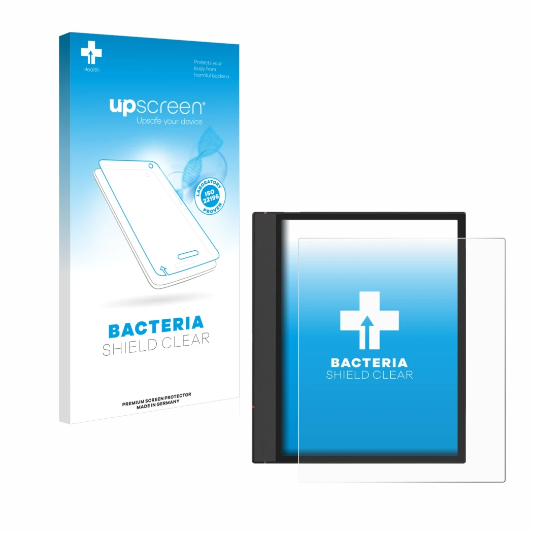 Parte frontal de un envase de producto con el logotipo de la marca upscreen. Al lado se muestra el dispositivo Boox Note Air 4
