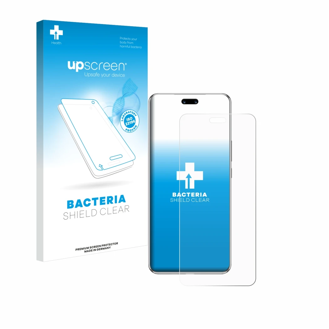 Parte frontal de un envase de producto con el logotipo de la marca upscreen. Al lado se muestra el dispositivo Huawei Nova 13