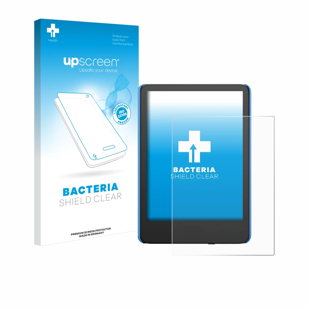 Parte frontal de un envase de producto con el logotipo de la marca upscreen. Al lado se muestra el dispositivo Amazon Kindle K