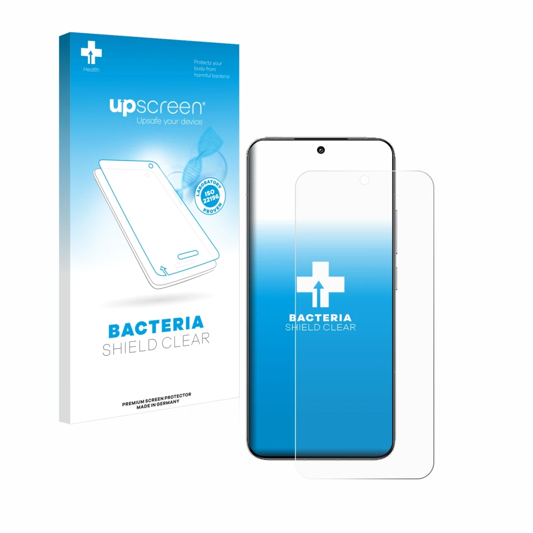Parte frontal de un envase de producto con el logotipo de la marca upscreen. Al lado se muestra el dispositivo Xiaomi 15 con s