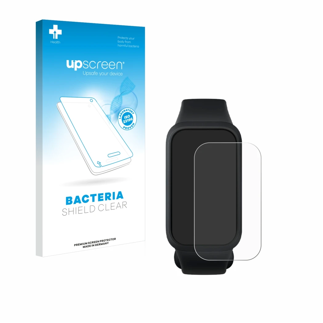 Parte frontal de un envase de producto con el logotipo de la marca upscreen. Al lado se muestra el dispositivo Xiaomi Smart Ba