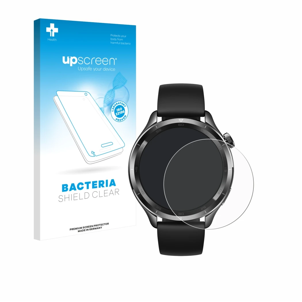 Parte frontal de un envase de producto con el logotipo de la marca upscreen. Al lado se muestra el dispositivo Xiaomi Watch S4