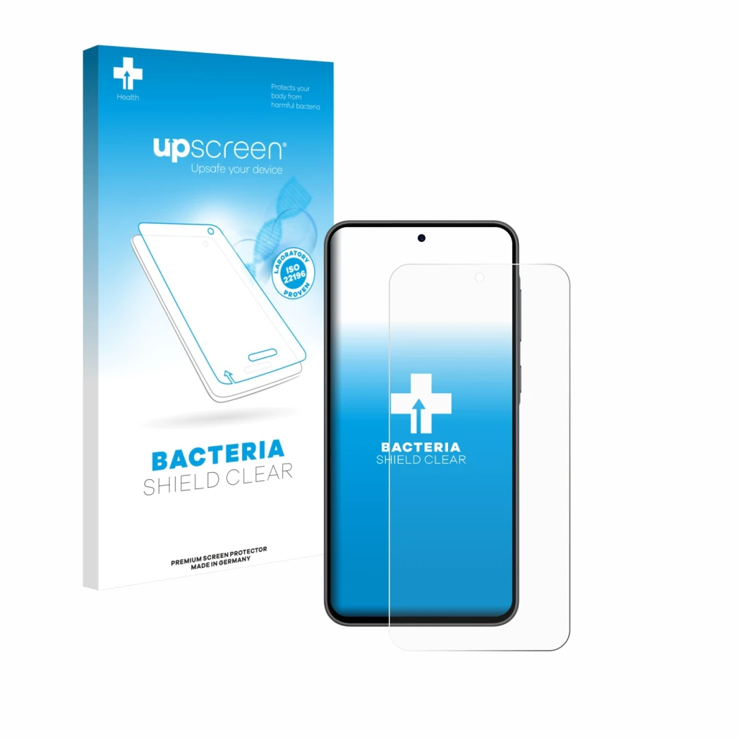 Parte frontal de un envase de producto con el logotipo de la marca upscreen. Al lado se muestra el dispositivo Samsung Galaxy 