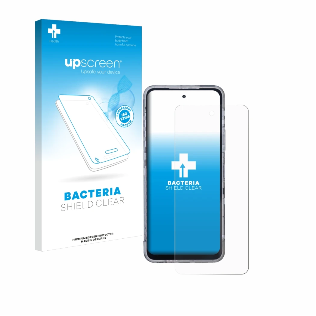 Parte frontal de un envase de producto con el logotipo de la marca upscreen. Al lado se muestra el dispositivo AGM X6 Phantom