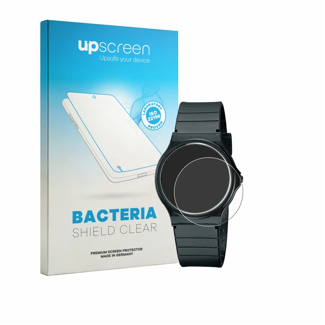 Parte frontal de un envase de producto con el logotipo de la marca upscreen. Al lado se muestra el dispositivo Casio Collectio