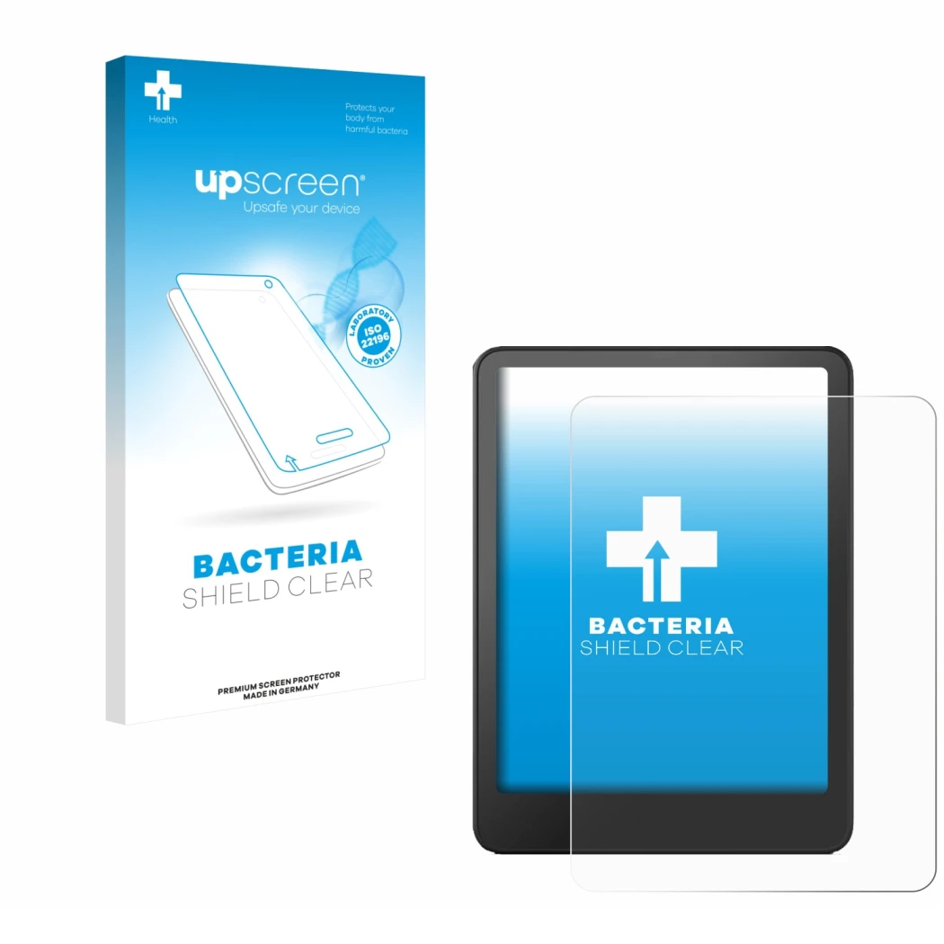 Parte frontal de un envase de producto con el logotipo de la marca upscreen. Al lado se muestra el dispositivo Amazon Kindle P