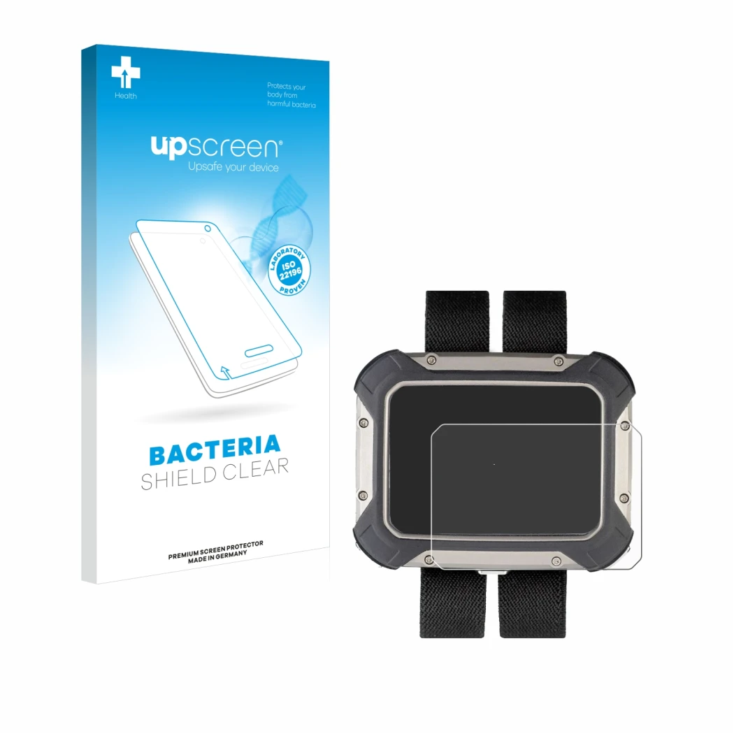 Parte frontal de un envase de producto con el logotipo de la marca upscreen. Al lado se muestra el dispositivo Apeks DSX con s