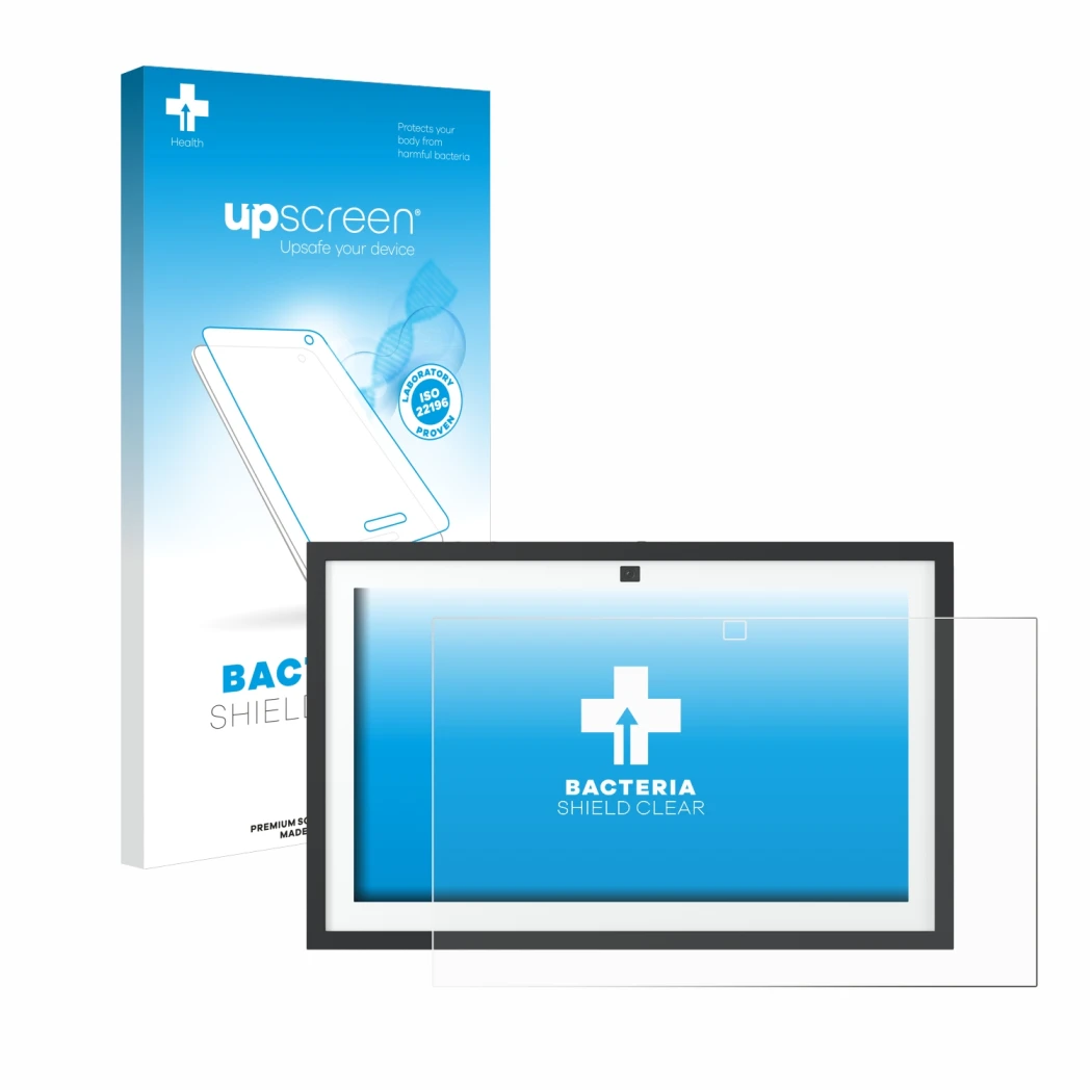 Parte frontal de un envase de producto con el logotipo de la marca upscreen. Al lado se muestra el dispositivo Amazon Echo Sho