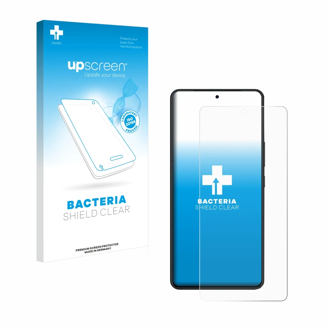 Parte frontal de un envase de producto con el logotipo de la marca upscreen. Al lado se muestra el dispositivo ASUS ROG Phone 