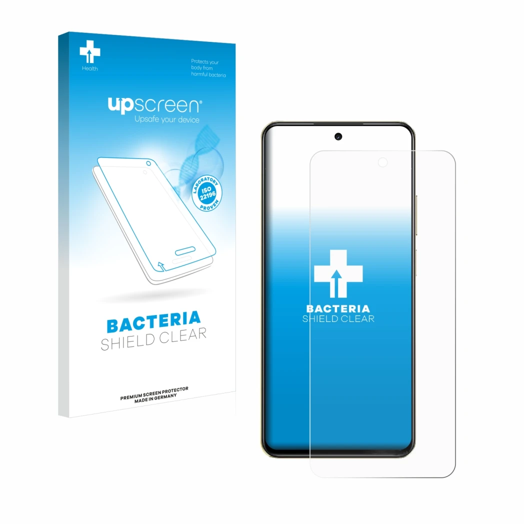 Parte frontal de un envase de producto con el logotipo de la marca upscreen. Al lado se muestra el dispositivo realme C75 con