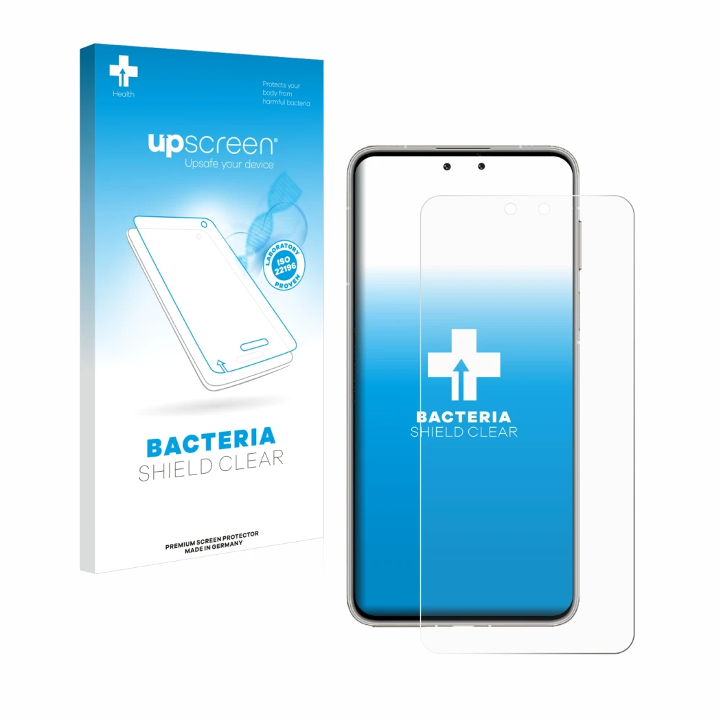 Parte frontal de un envase de producto con el logotipo de la marca upscreen. Al lado se muestra el dispositivo Huawei Mate 70