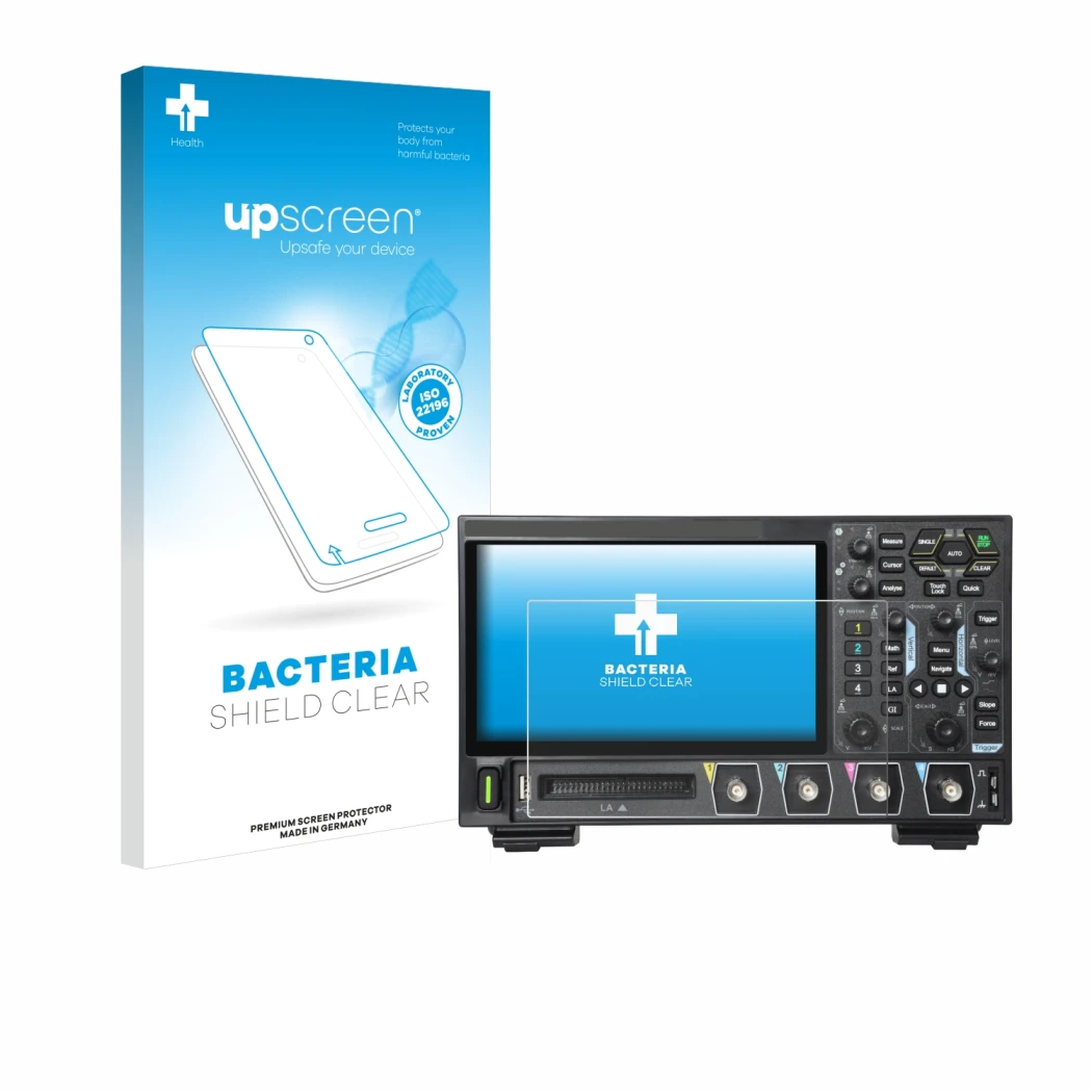 Parte frontal de un envase de producto con el logotipo de la marca upscreen. Al lado se muestra el dispositivo Rigol DHO914 co