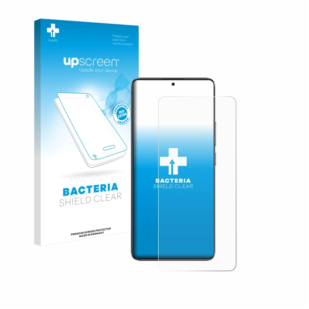 Parte frontal de un envase de producto con el logotipo de la marca upscreen. Al lado se muestra el dispositivo Xiaomi Poco F7 