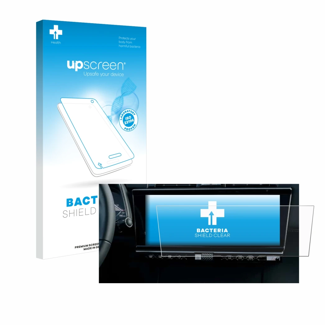 Parte frontal de un envase de producto con el logotipo de la marca upscreen. Al lado se muestra el dispositivo DS 7 Facelift (
