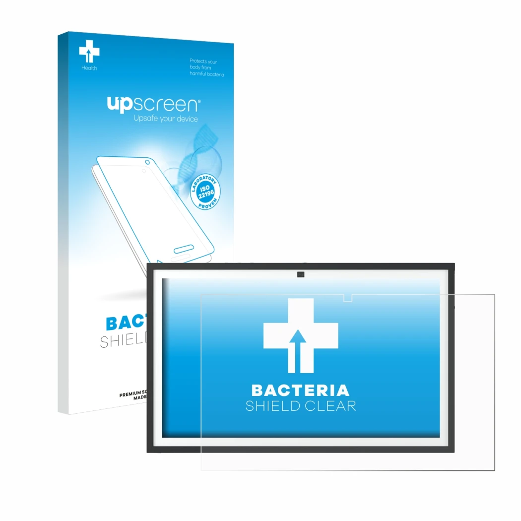 Parte frontal de un envase de producto con el logotipo de la marca upscreen. Al lado se muestra el dispositivo Echo Show 21 co