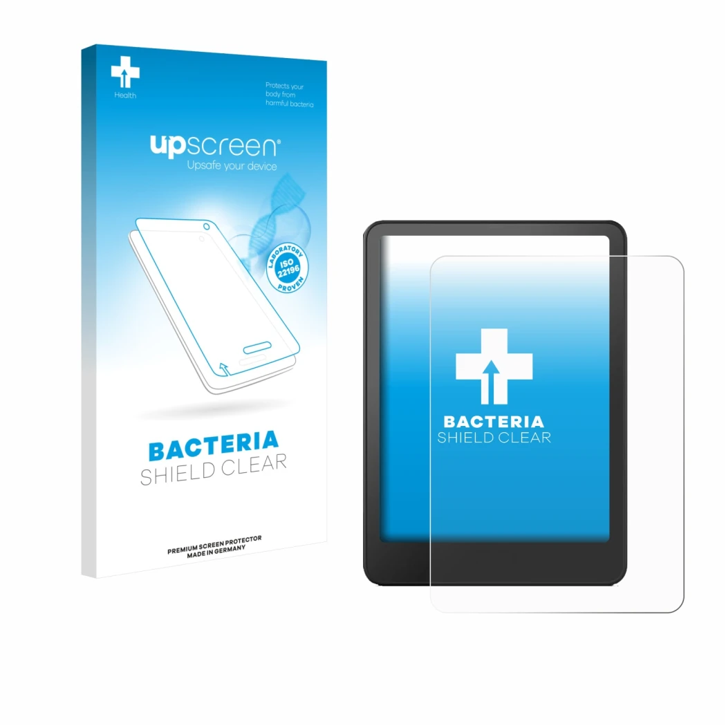 Parte frontal de un envase de producto con el logotipo de la marca upscreen. Al lado se muestra el dispositivo Amazon Kindle P