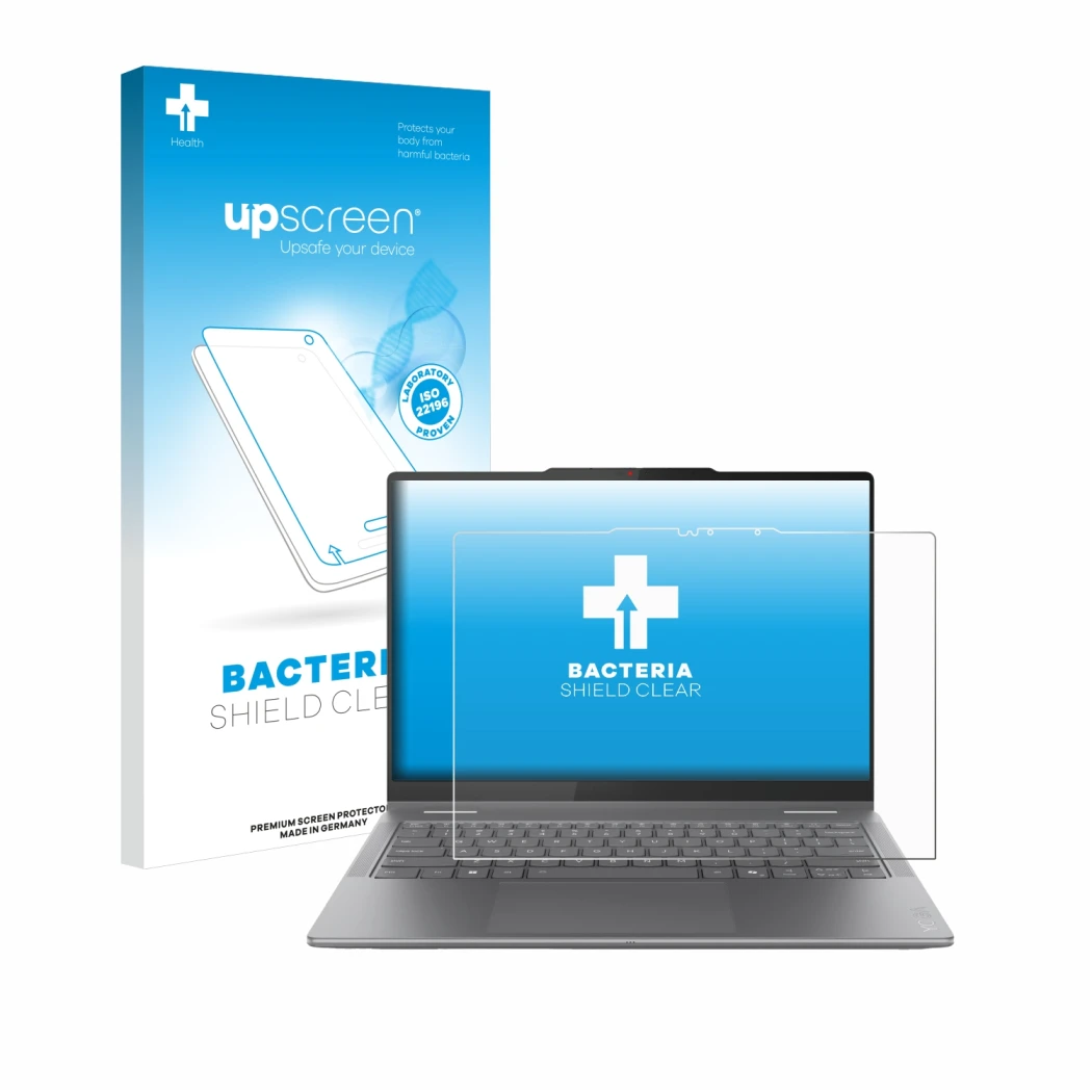 Parte frontal de un envase de producto con el logotipo de la marca upscreen. Al lado se muestra el dispositivo Lenovo Yoga 7i 